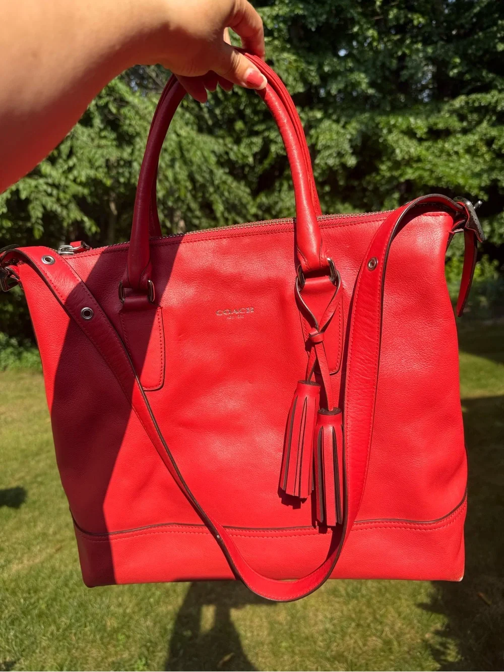 Coach Red Leather Tote with Tassel Accent and Removable Strap